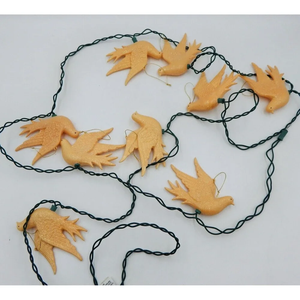 Vintage Blow Mold Dove Bird String Light Set Glitter Ornaments Set of 9 (10)